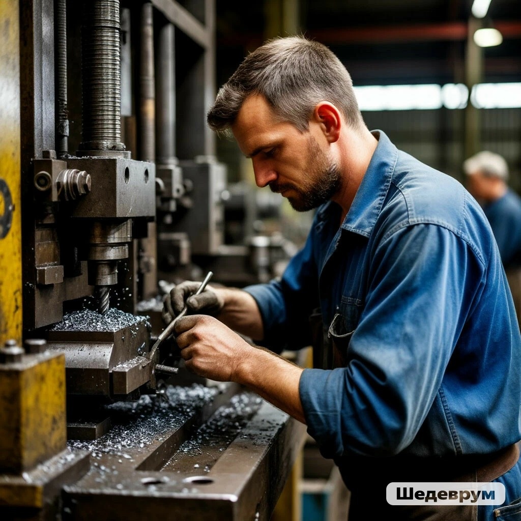 Рабочий работает на станке.