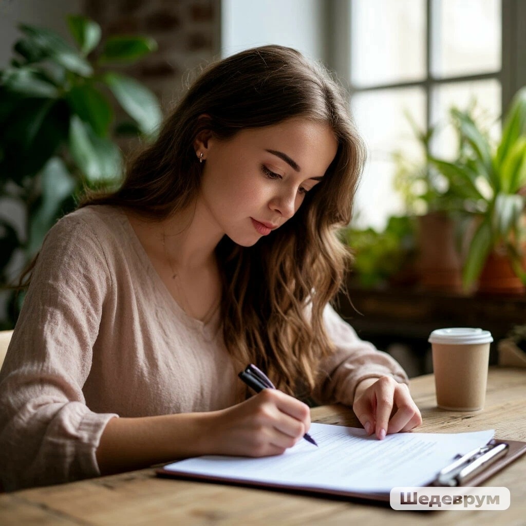 Девушка пишет документ.