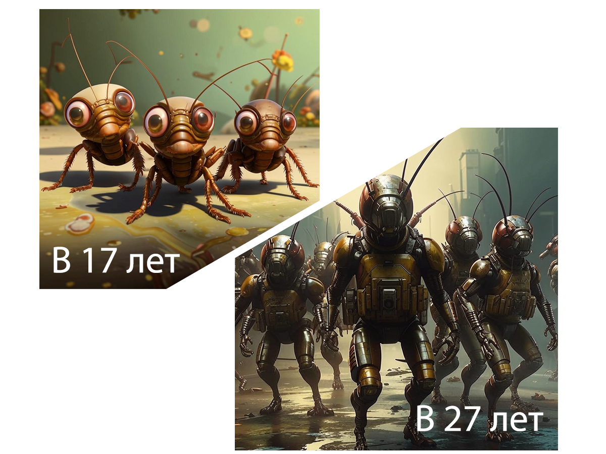Эволюция таракничов в голове за 10 лет :) Изображения сгенерированы с помощью Kandinsky 3.0, SberAI
