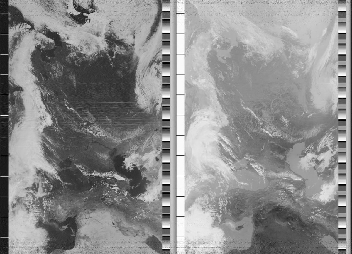 Оригинал принятого изображения. Слева канал А (видимый), справа канал Б (инфракрасный).