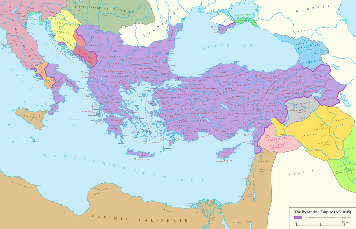 Карта Римской Империи (Византии) после расширения при Македонской династии. 1045 год