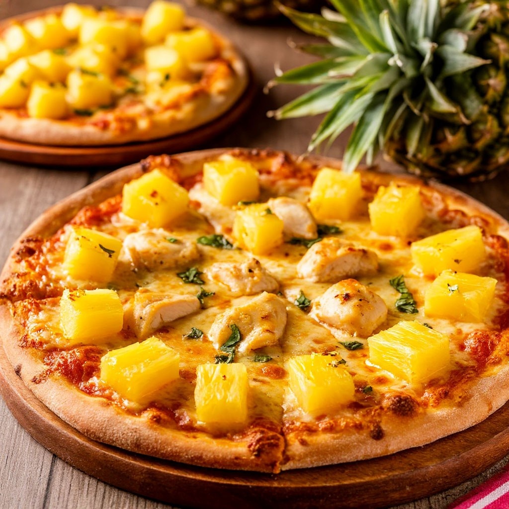 Пицца с ананасами и курицей