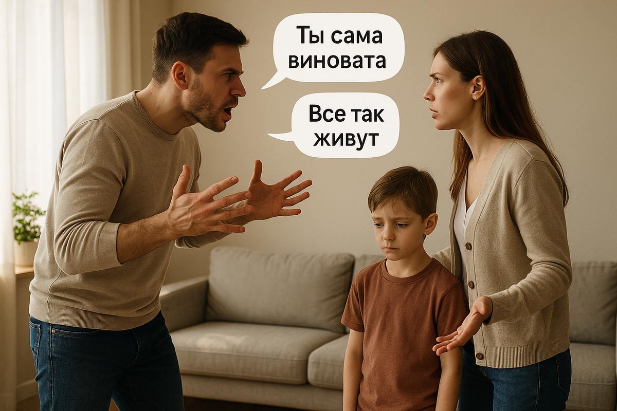 Семейная сцена: отец кричит, мать молчит. Ребёнок слушает. Запоминает. Потом скажет это кому-то ещё.