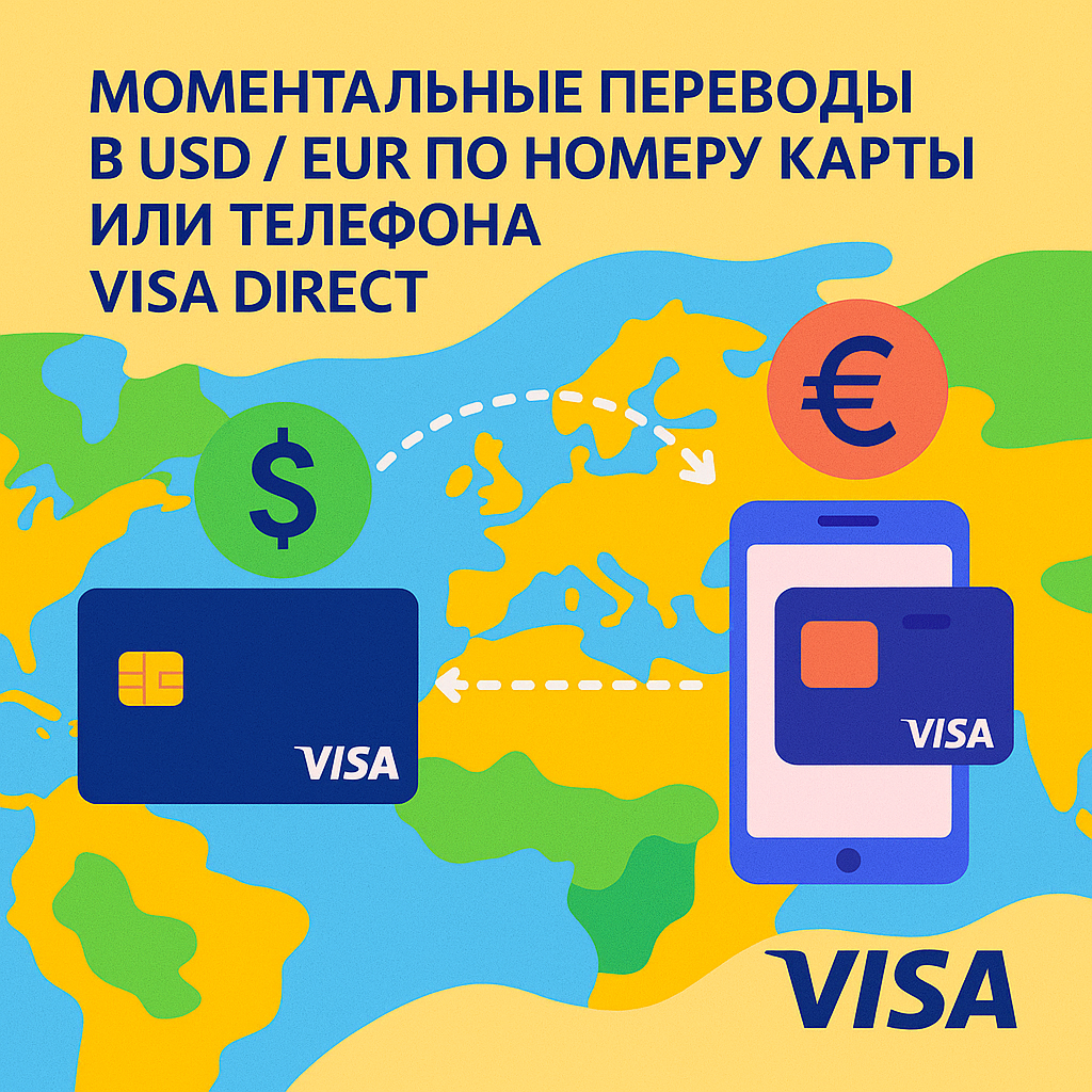  Моментальные переводы в USD / EUR по номеру карты или телефона через Visa Direct