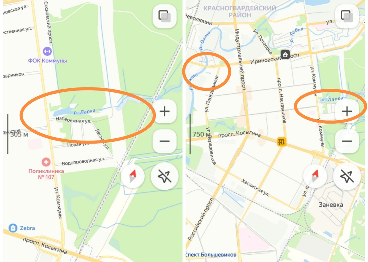 Слева показала пространство, которое благоустроили. Справа показала концы реки, где она раньше была. 