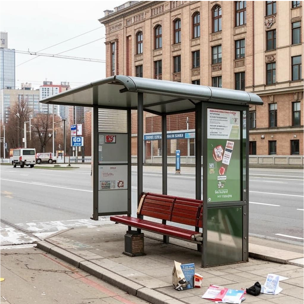 Нейросети. Кандинский. Автобусная остановка в центральной части города