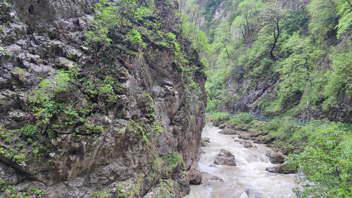 Узкоколейка проходит справа от реки Курджипс