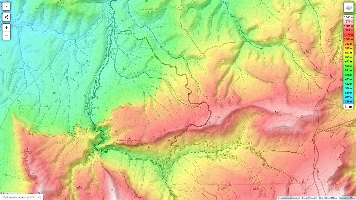 Карта высот на переезде от Нижегородской до Мезмая