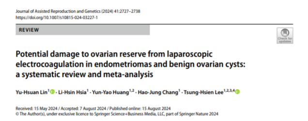 Lin YH, Hsia LH, Huang YY, Chang HJ, Lee TH. Potential damage to ovarian reserve from laparoscopic electrocoagulation in endometriomas and benign ovarian cysts: a systematic review and meta-analysis. J Assist Reprod Genet. 2024 Oct;41(10):2727-2738. doi: 10.1007/s10815-024-03227-1. 