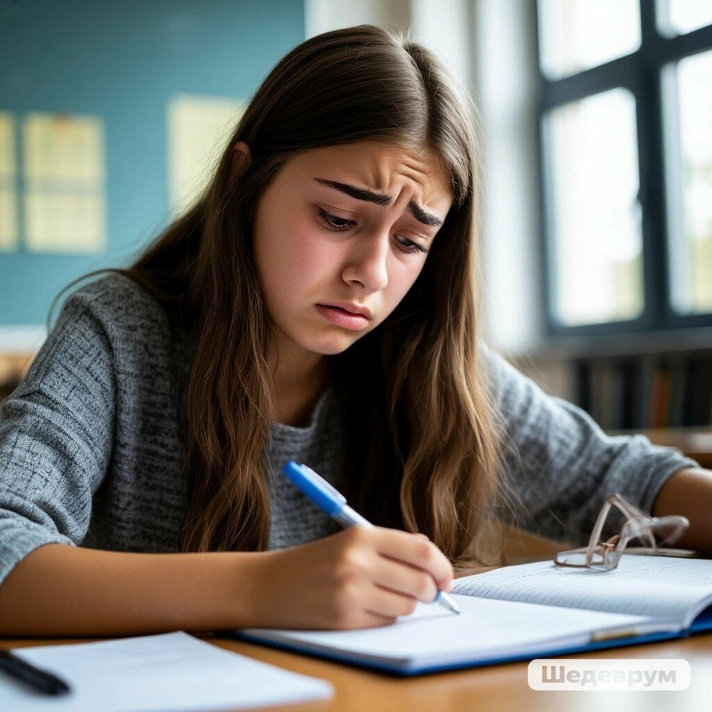 Девочка переживает на контрольной. Изображение сгенерировано нейросетью. 