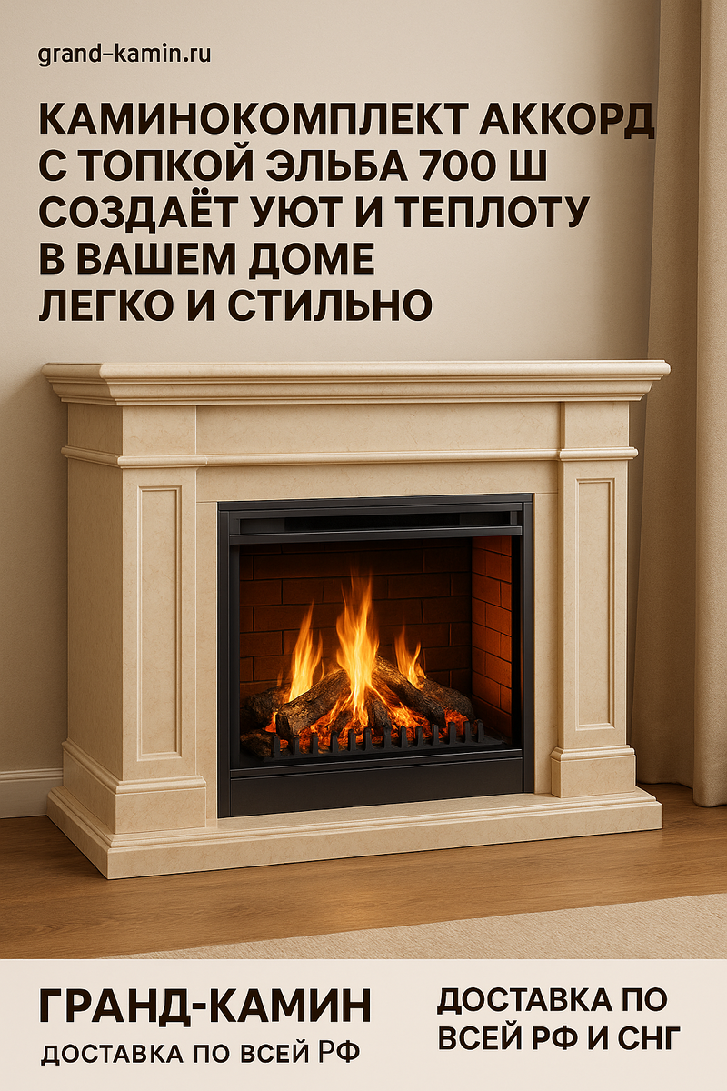    Каминокомплект Аккорд с топкой Эльба 700 Ш создаёт уют и теплоту в вашем доме легко и стильно Kamin