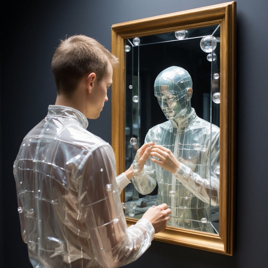 В зеркале человек видит не себя, а свои мысли по поводу отражения (это доказано наукой. От настроения зависит, какое отражение увидишь). Мозг докручивает образ "себя". Что ты чувствуешь, глядя в зеркало? Чувствуешь ли уважение и любовь к тому, на кого смотришь?