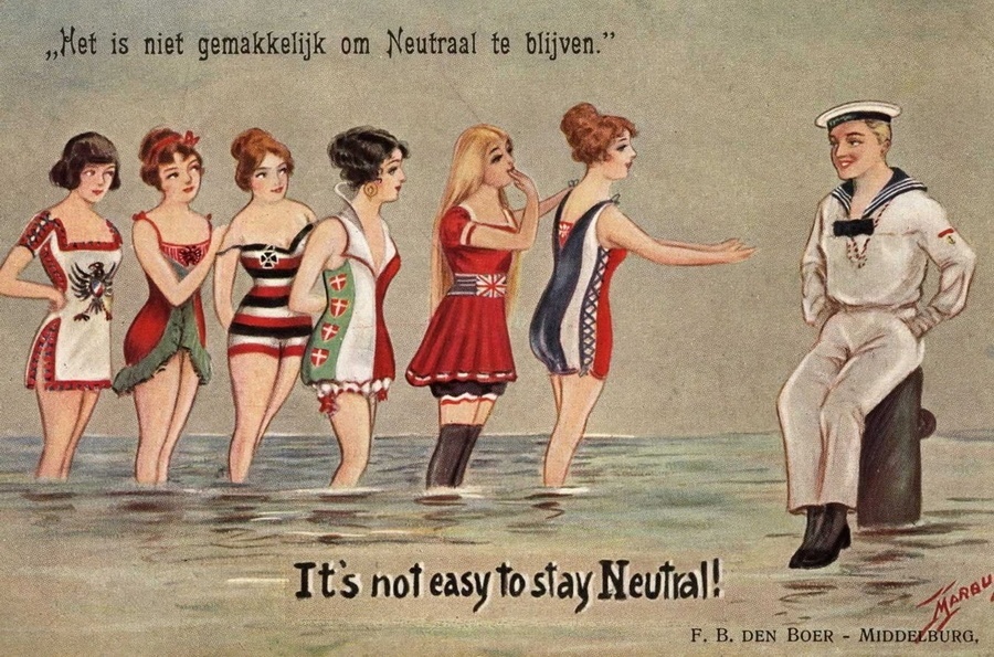 «Нелегко оставаться неравнодушным (нейтральным)» - подпись к карикатуре, показывающей страны Европы в виде красивых девушек и Нидерланды в виде матроса