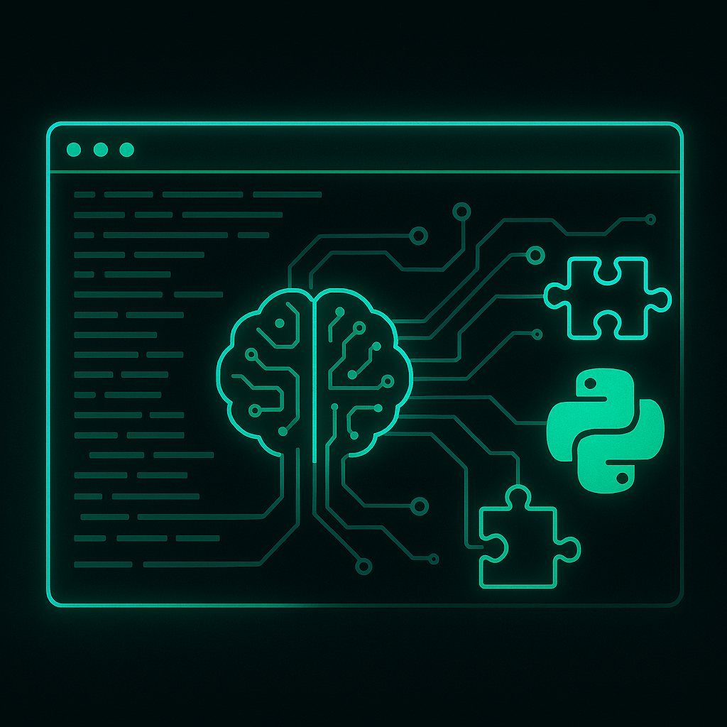 Голографический терминал с «струящейся» зелёной кодовой лентой, к которому «проводами-трассами» подключён неоновый мозг-ИИ, детали-пазлы плагинов и эмблема Python — визуальный образ того, как LLM теперь запускает инструменты прямо из CLI.