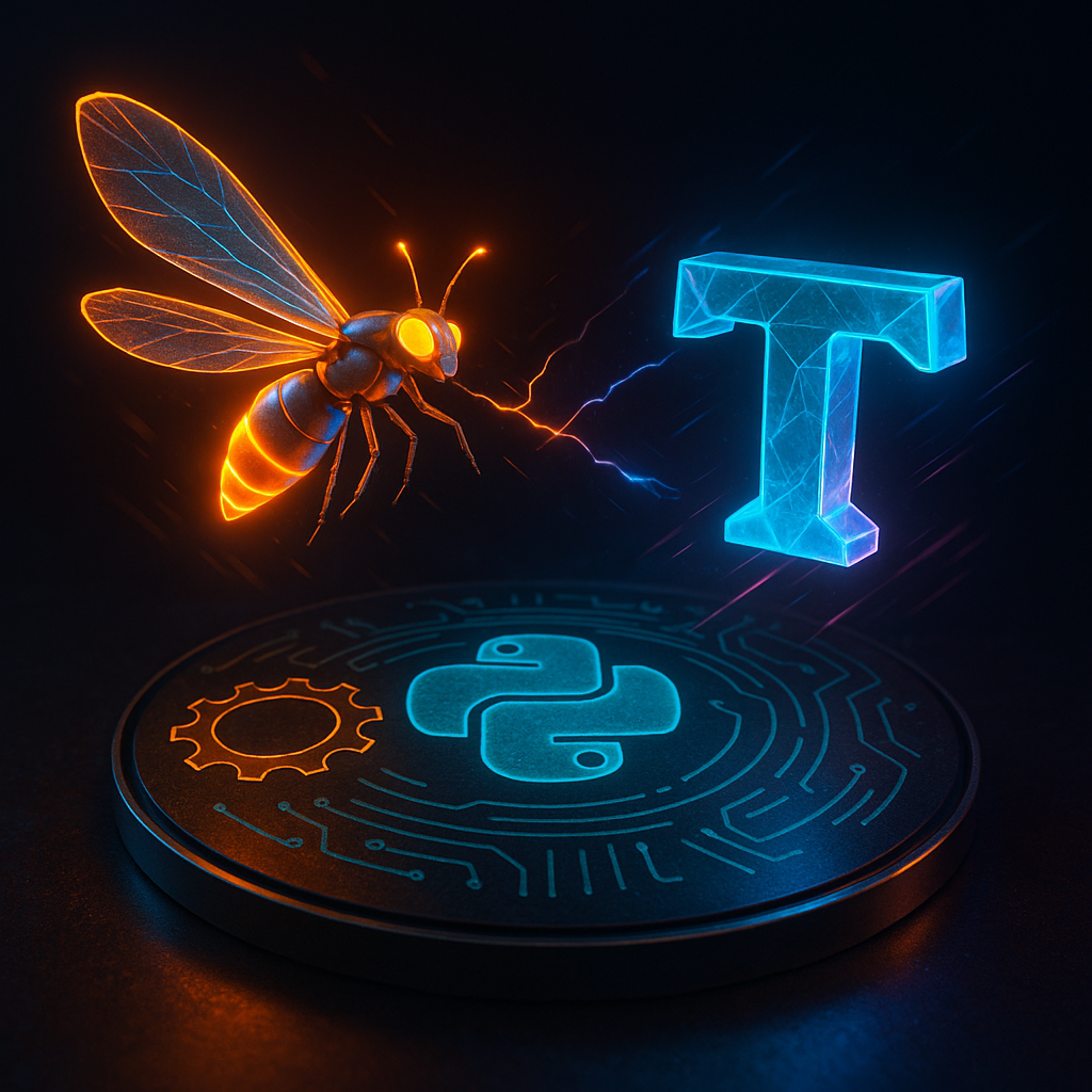 Над неоновой платформой с логотипом Python и шестернёй Rust парят два соперника — огненный светлячок-дрон (Pyrefly) и кристаллическая буква «T» (Ty), между ними искры скорости, подчёркивая дуэль новых Rust-типизаторов.