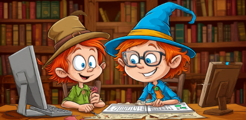 Мультяшный сказочный Незнайка из сказки "Незнайка" в своей сказочной шляпе и персонаж  Знайка пилят код веб-проекта.