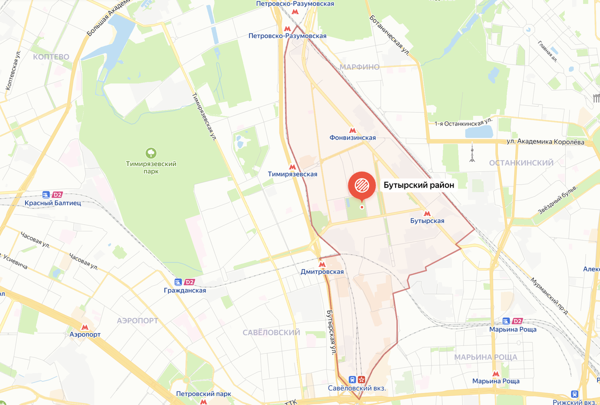 Границы Бутырского района на современной карте Москвы. Яндекс.Карты.