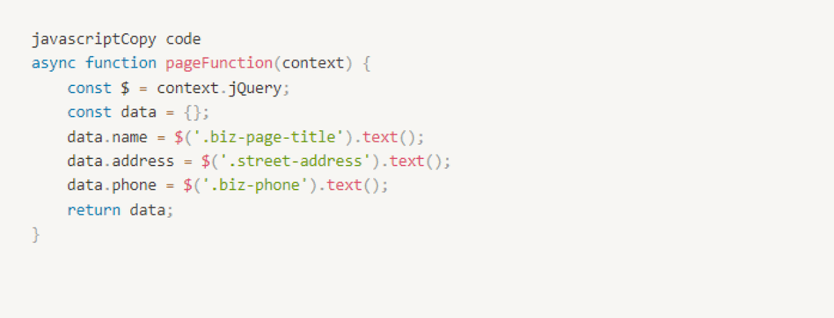Пример скрипта который собирает информацию о названии бизнеса, адресе и телефоне. Из этих данных в дальнейшем формируется список необходимых нашему клиенту компаний.