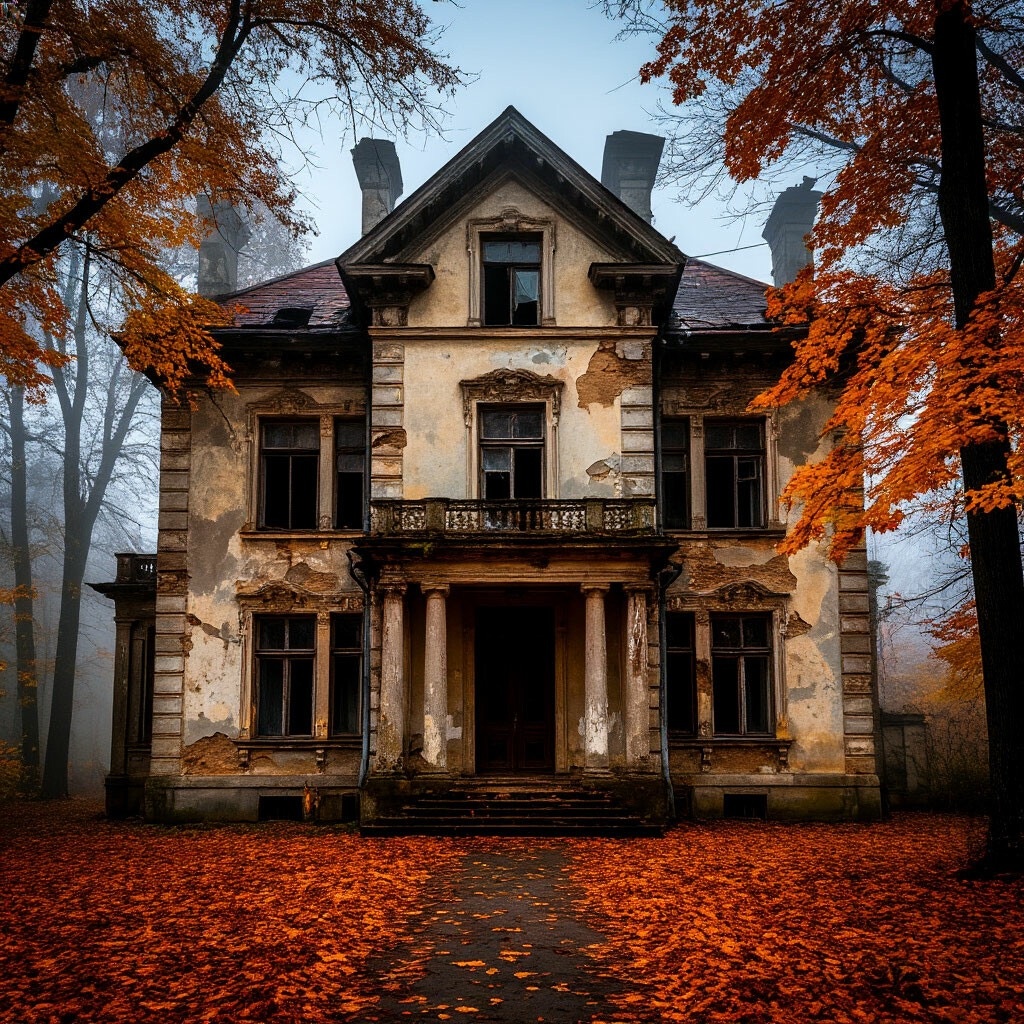 Особняк выглядел заброшенным — фасад с облупившейся штукатуркой, разбитые окна, заколоченные досками. 