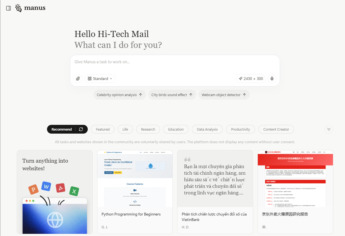    Главная страница Manus