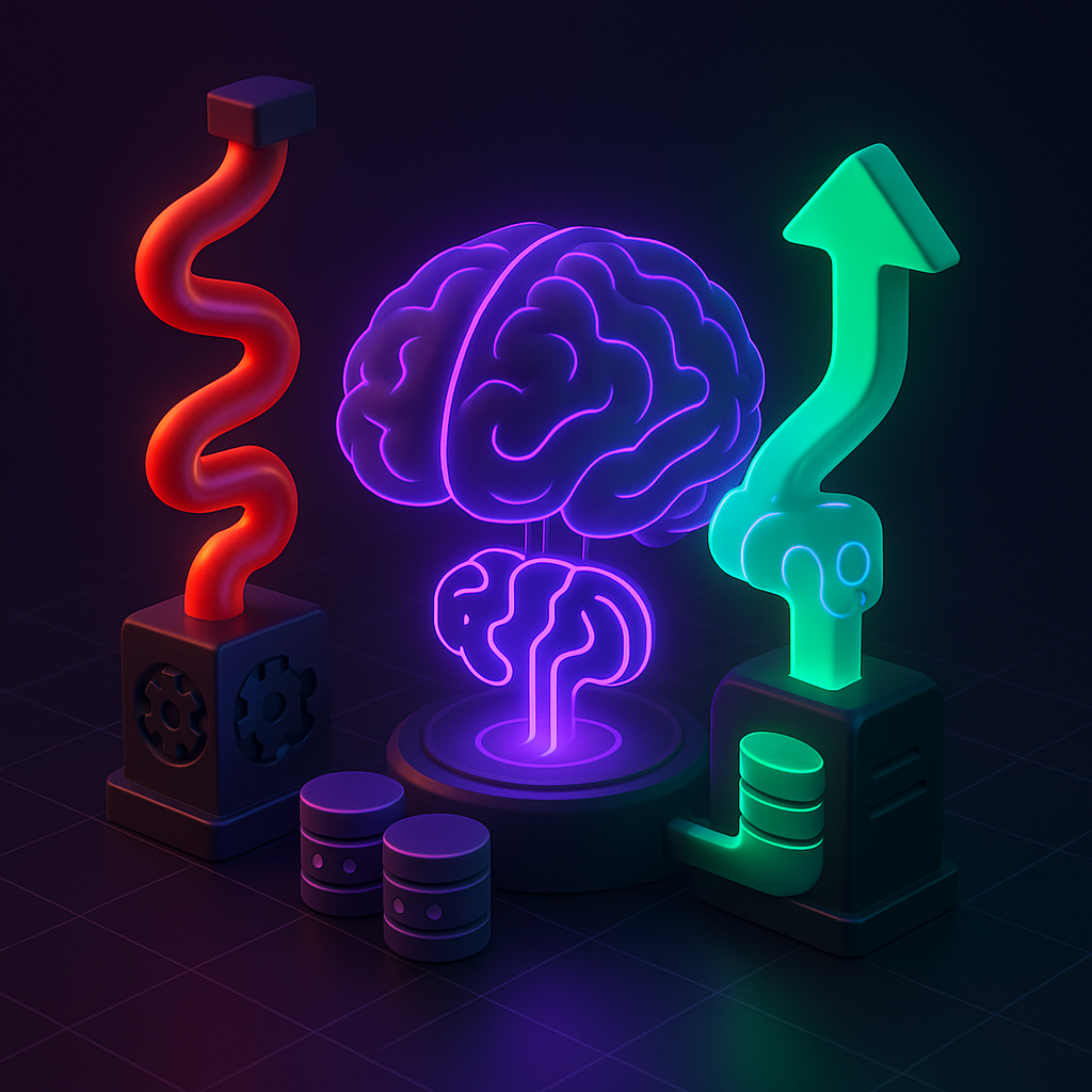 В центре неоновый мозг-ИИ, к нему ведут две трубы-потока из данных — извилистая красная (сложный RLHF) и прямая зелёная со стрелой (упрощённый DPO), подчёркивая, как новый метод быстрее доносит человеческие предпочтения до модели.