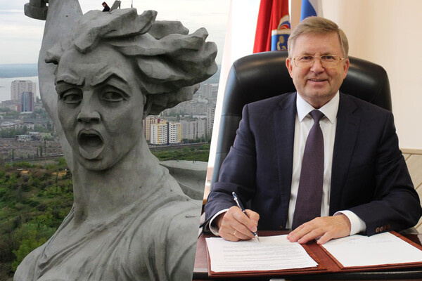 Монумент «Родина-мать зовет!» и ректор Московской государственной академии физкультуры Николай Чесноков (коллаж) / Светлана Самсонова/РИА Новости/МГАФК  