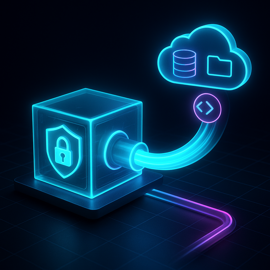 Прозрачный куб-«локальный сервер» с неоновым замком выпускает светящийся туннель в облако, где парят иконки базы данных, папки и терминала — образ безопасного шаринга любых TCP-сервисов с помощью Malai.