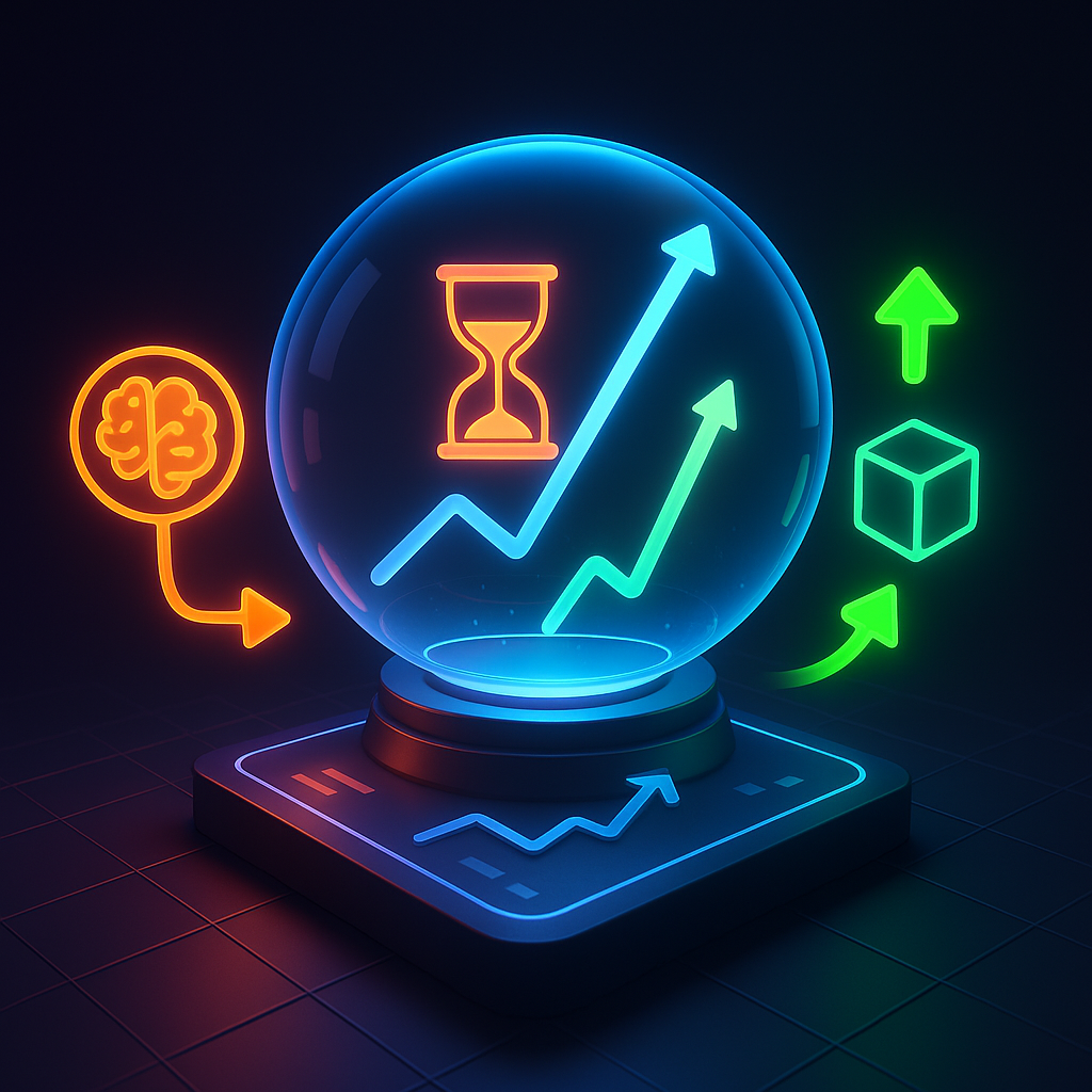 Неоновый «хрустальный шар» с растущими графиками и час-песочницей внутри; извне к шару устремляются стрелки от мозгового чипа и куба-агента — визуальный символ RL, который, опираясь на исходы, делает всё более точные прогнозы будущего.