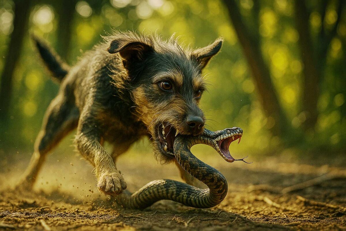 Иллюстрация к рассказу "Телохранители" создана нейросетью. "В зубах Зары, словно она была мангустом, извивалась змея. Собака держала её практически за голову, мотала своей головой из стороны в сторону и била змею о землю с силой и скоростью японских барабанщиков до тех пор, пока змея не замерла. Только тогда собака отпустила её."