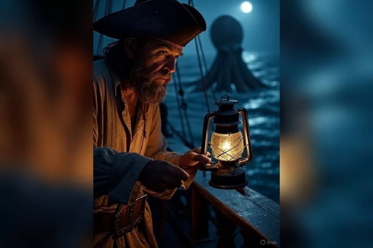 Таинственный «Острове сокровищ», в поверьях пиратов, охраняет Кракен, который боится янтаря.
Фото: Нейросети xgrok-ai