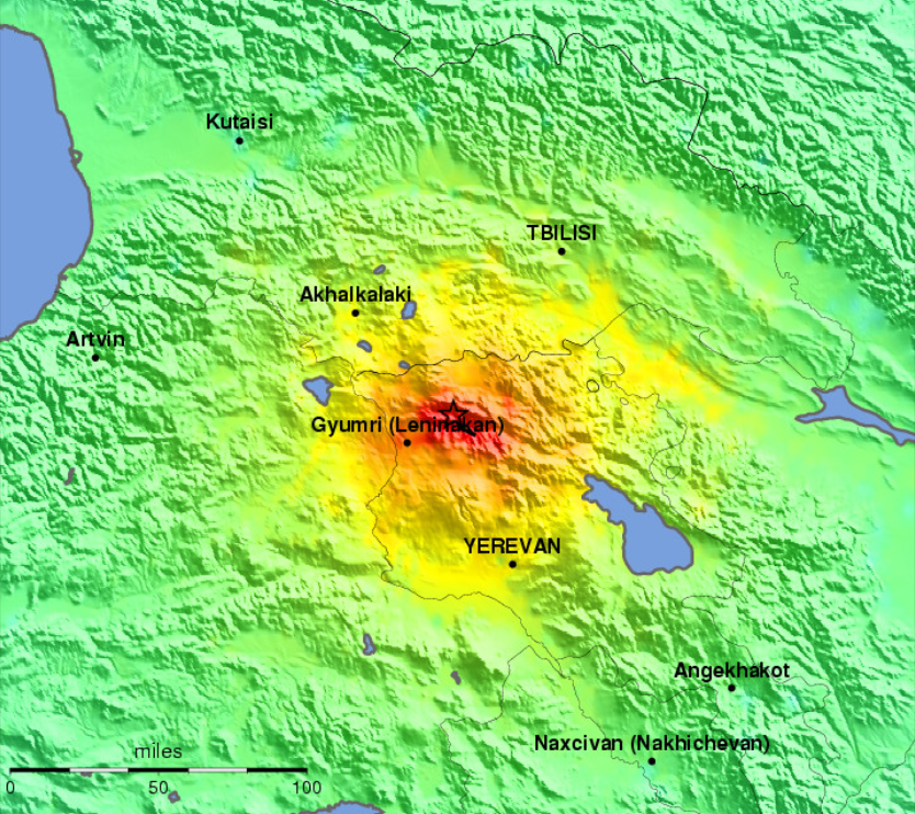 Распределение землетрясения по территории Армении 