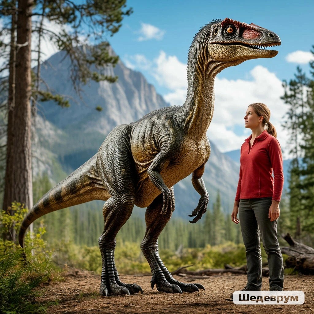 Примерный вид троодона рядом с человеком 