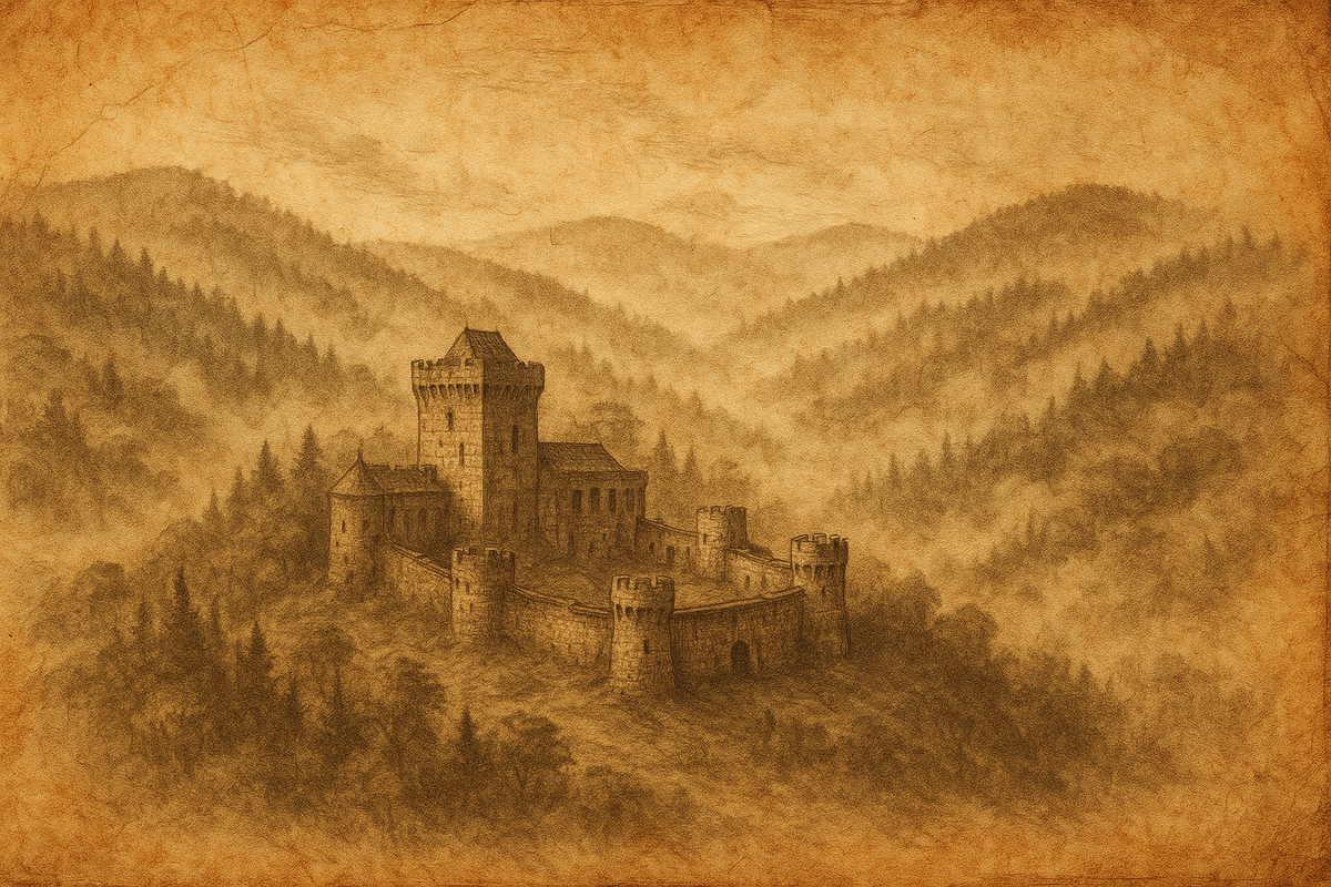 Художественная реконструкция того, как могла выглядеть крепость Вольфенштайн в момент её загадочного исчезновения. Основано на письме монаха 1713 года и местных легендах.