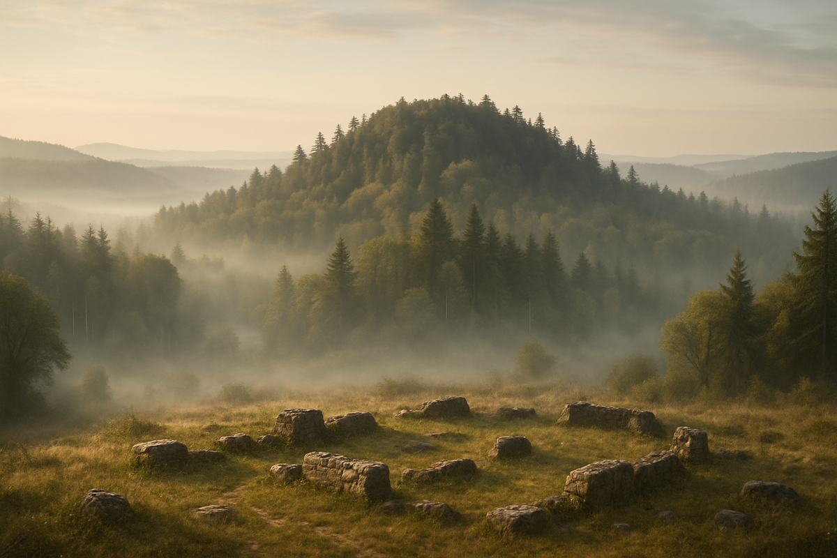 Художественная визуализация природного пейзажа, созданная по мотивам описаний предполагаемого местоположения крепости Вольфенштайн. Изображение основано на исторических исследованиях, но не является фотографией или точной реконструкцией.
