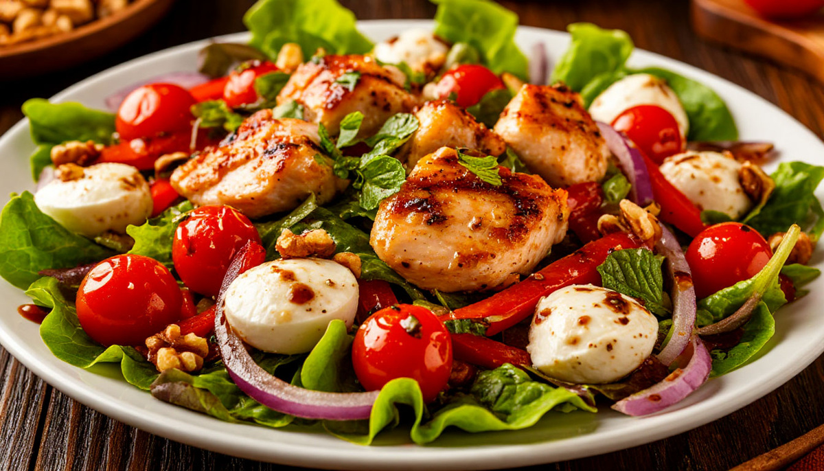 Замените в этом салате курицу, орехи и вы получите новый вкусный салат! Подробнее о замене читайте в этой статье. 