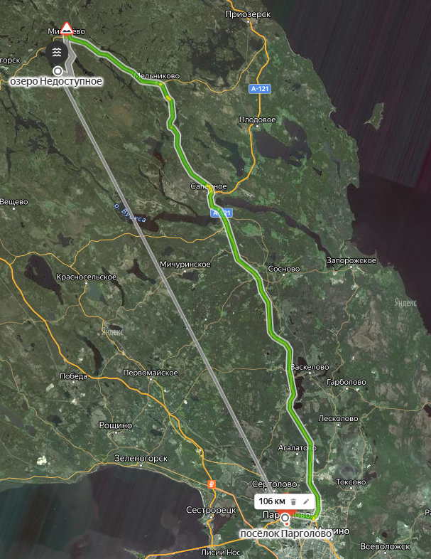 Маршрут и расстояние до Недоступного озера.