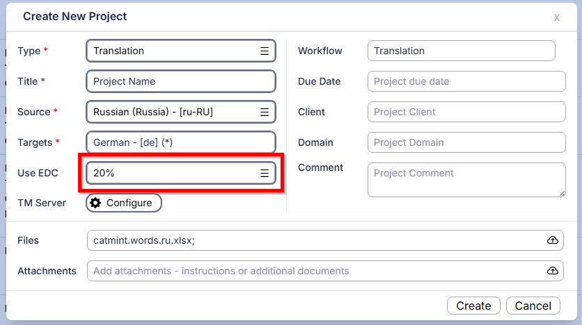 Добавлено меню настройки EDC Sliding Scale в окне создания проекта