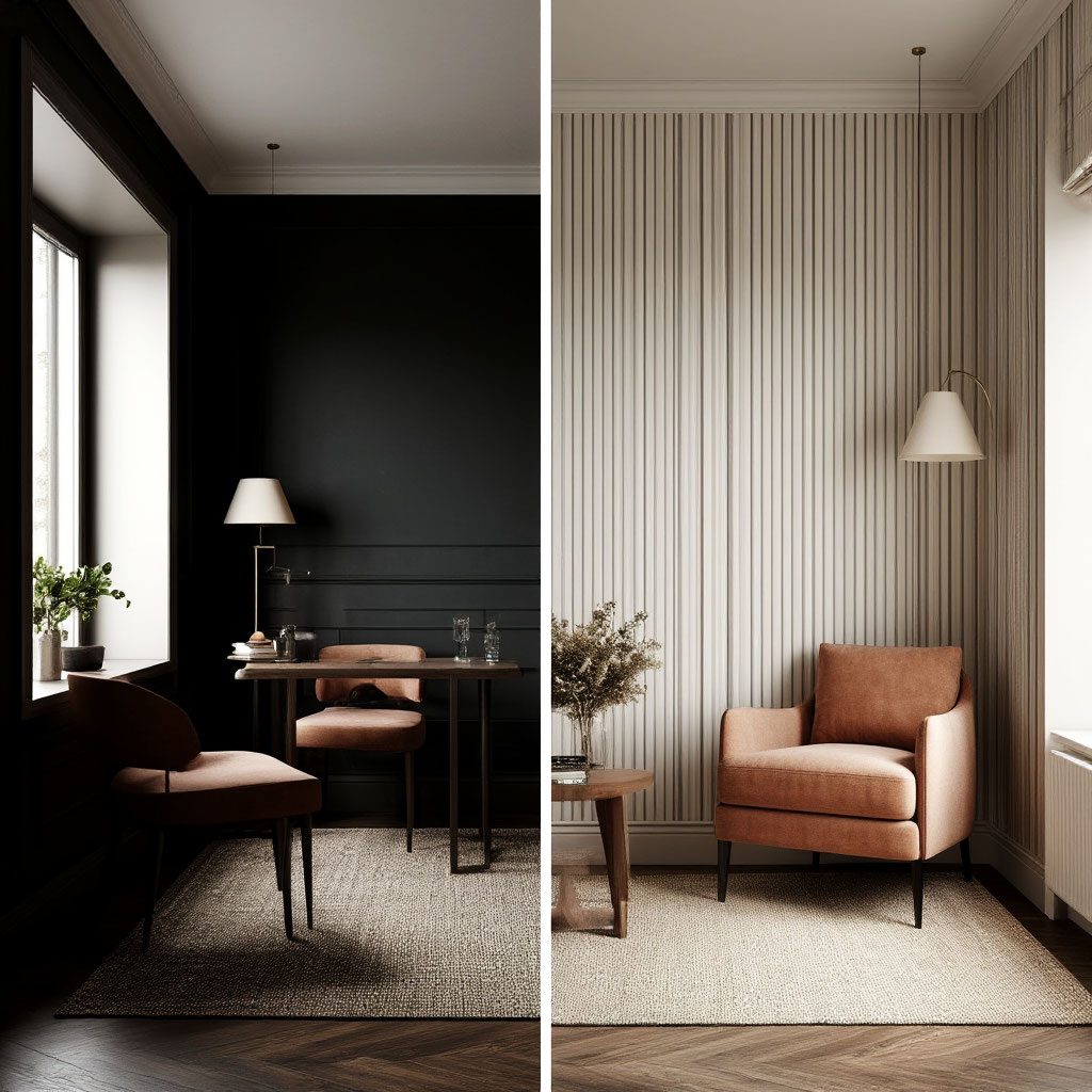 маленькая темная комната против того же пространства со светлыми обоями в вертикальную полоску