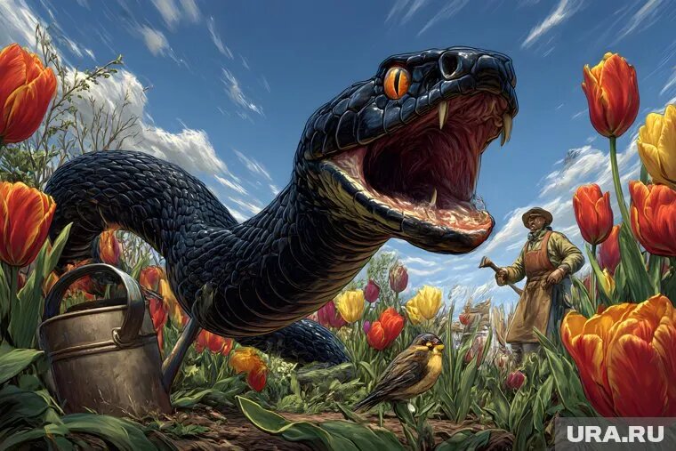 Змея напала на ребенка, когда он ее фотографировал. Фото: Создано в Midjourney © URA.RU