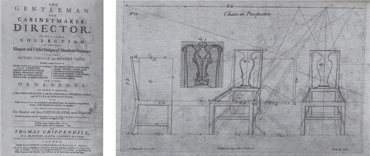 Титул книги «Gentleman and Cabinetmaker's Director»; Проект стула в проекциях и перспективе.