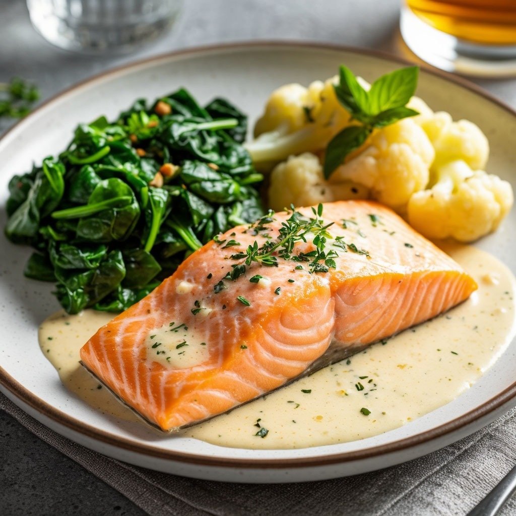 Сёмга в сливочном соусе с цветной капустой и шпинатом — кето-обед, который точно понравится