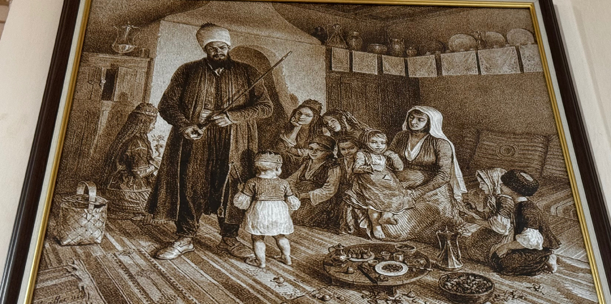 Интерьер крымско-татарского дома в с.Капсихор, ныне село Морское , городской округ Судак. Копия с литографии О.Раффе 1837 год