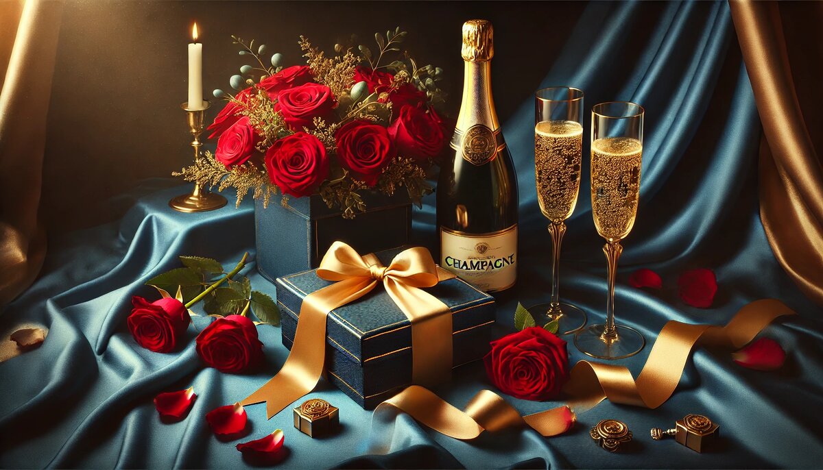 Подарки, розы и шампанское в элегантной обстановке