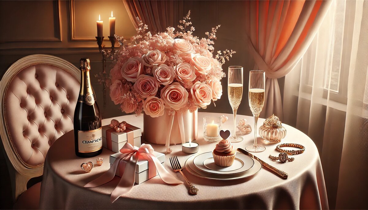 Сервировка стола с цветами, бокалами и капкейком