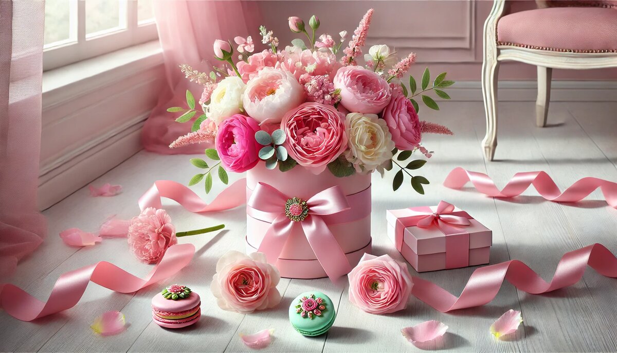 Розовый букет в коробке и макароны у окна