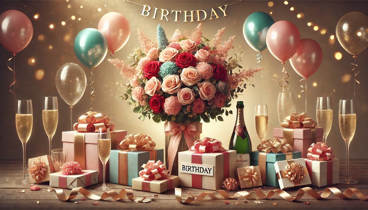 Шары, шампанское и коробки с лентами в праздник