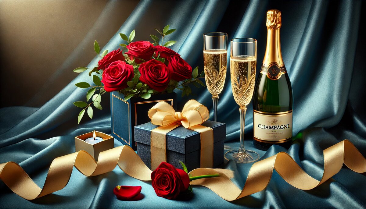 Подарок, красные розы и ленты на фоне ткани