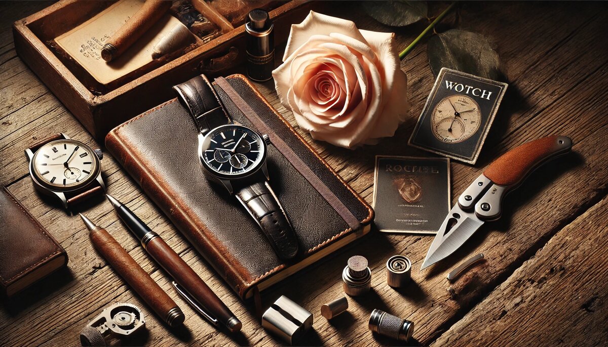 Наручные часы, роза и записная книжка на деревянном фоне