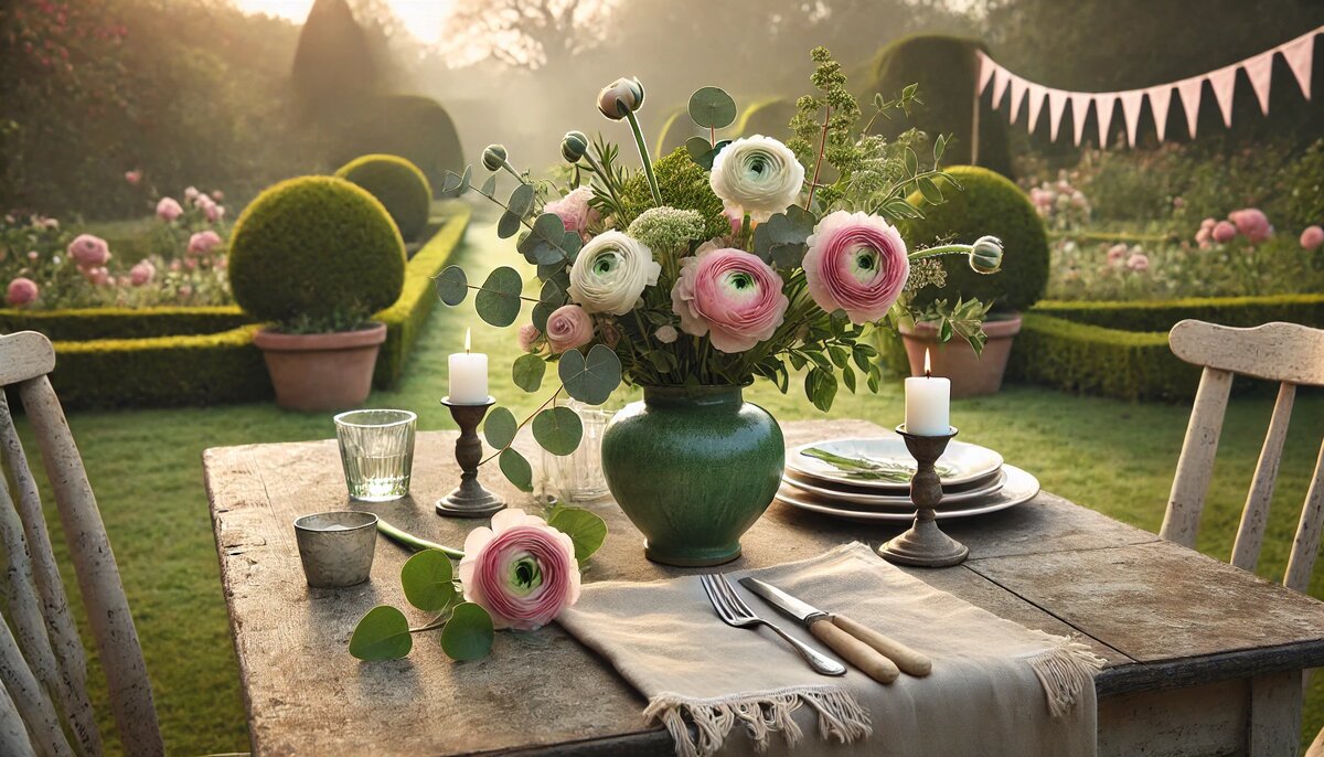 Сервировка в саду с букетом ранункулюсов и свечами