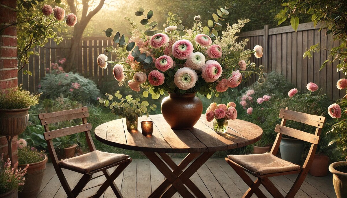 Букет ранункулюсов в саду на круглом столе